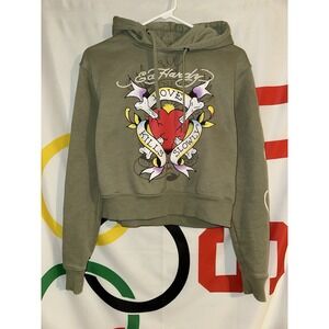 Ed Hardy Hoodie Womens Small Green Cropped Love Kills Slowly Heart